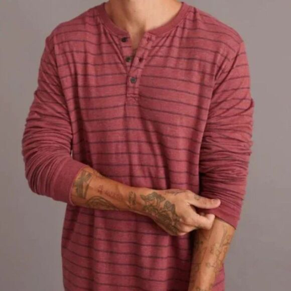 Marine Layer Red Wine Striped Double Knit Long Sleeve Striped Henley Size XXL - Picture 2 of 11